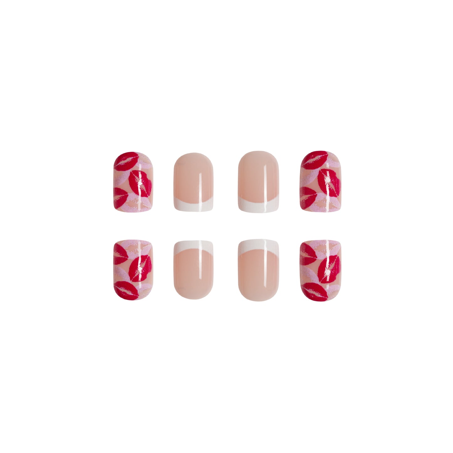 Short and shiny Valentine's Day red lips French white border fake nail