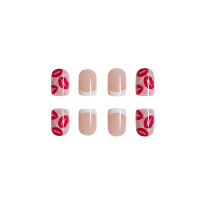 Short and shiny Valentine's Day red lips French white border fake nail