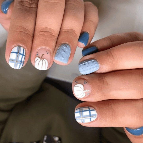 Refreshing sea salt blue color matching plaid lines hand-painted pumpkin