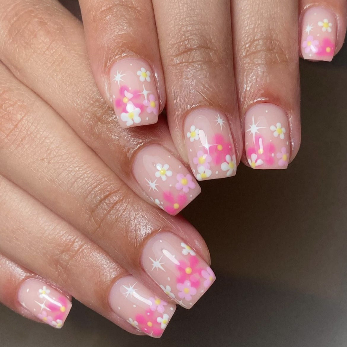 Multicolored flower fake nails