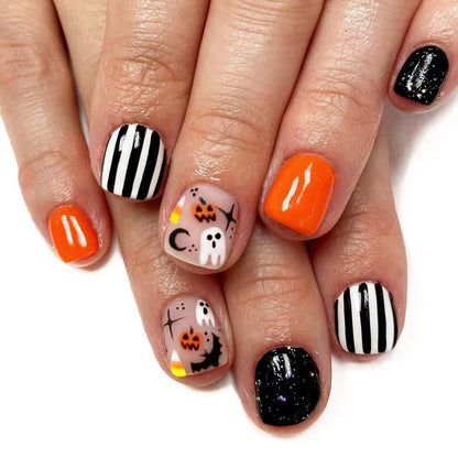 Short square pumpkin bat fake nails