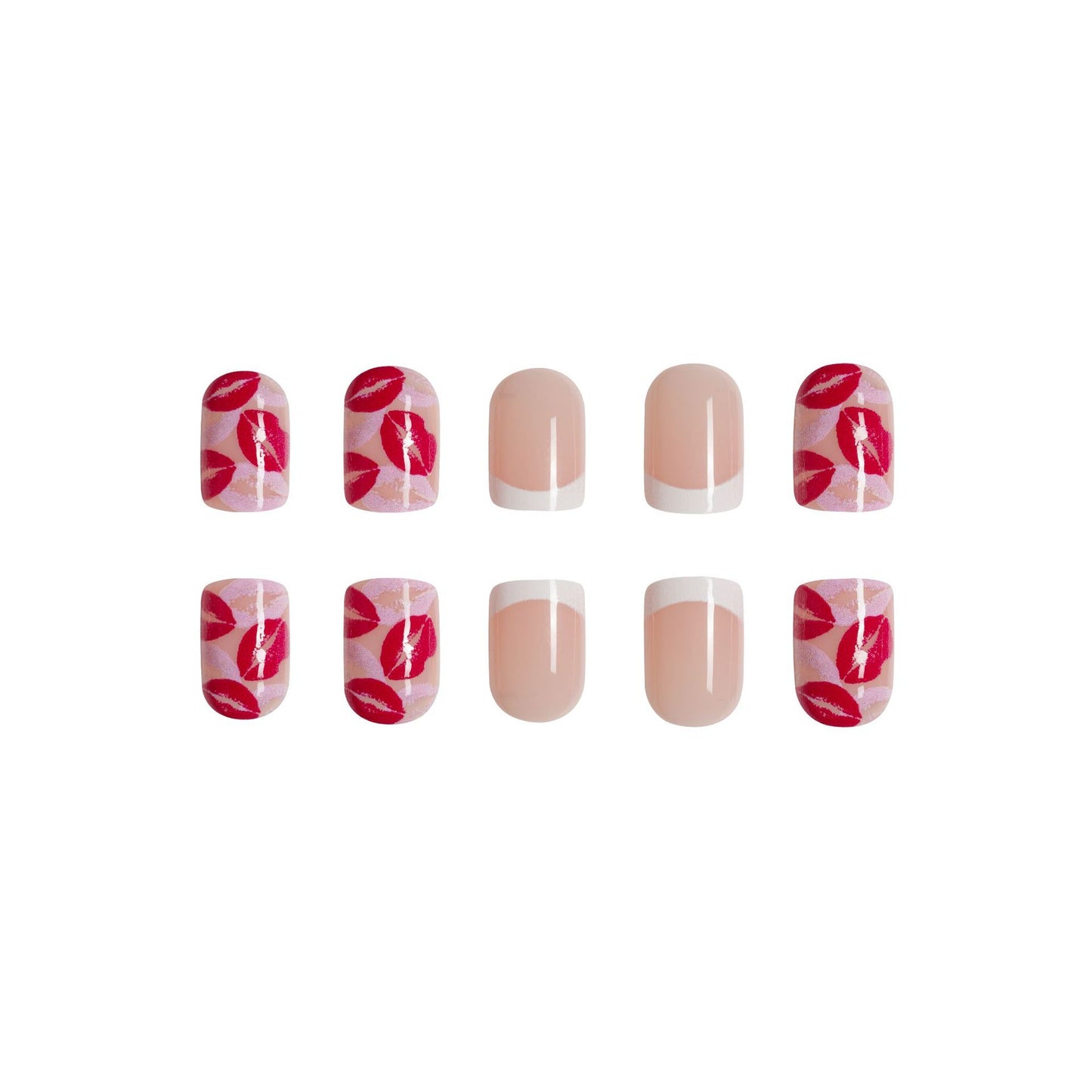 Short and shiny Valentine's Day red lips French white border fake nail