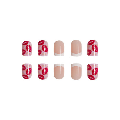 Short and shiny Valentine's Day red lips French white border fake nail