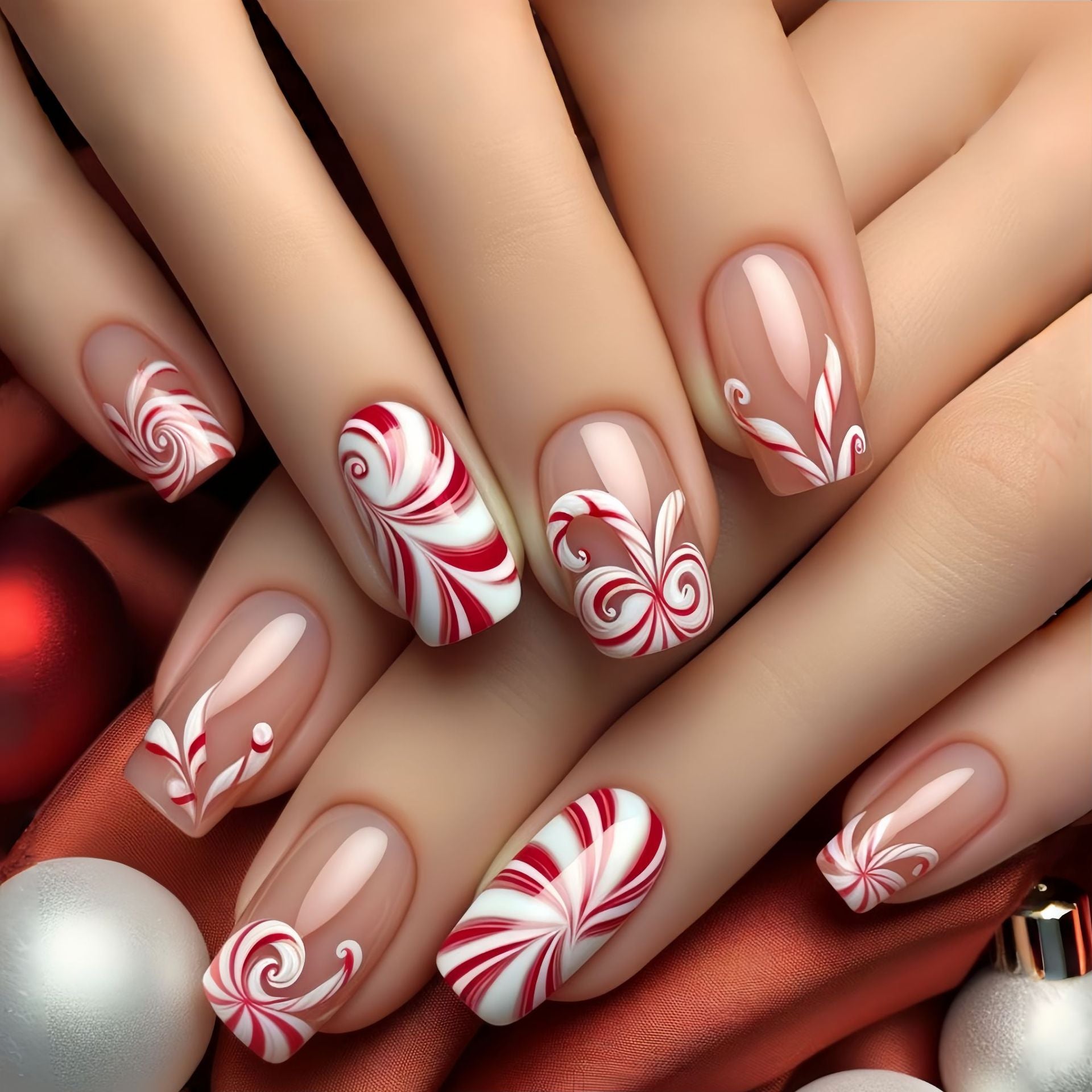 Phony Color Nude striped red and white color matching fake nails – Napretty