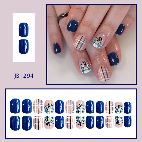 Dark blue plaid pumpkin hand-painted press ons