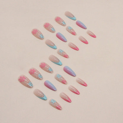 Blue-pink mandarin duck gradient round head fake nails