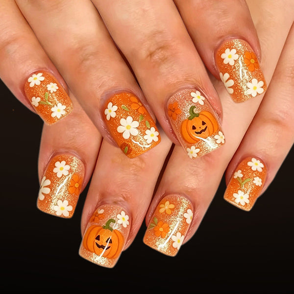 Orange glitter flowers cute pumpkin