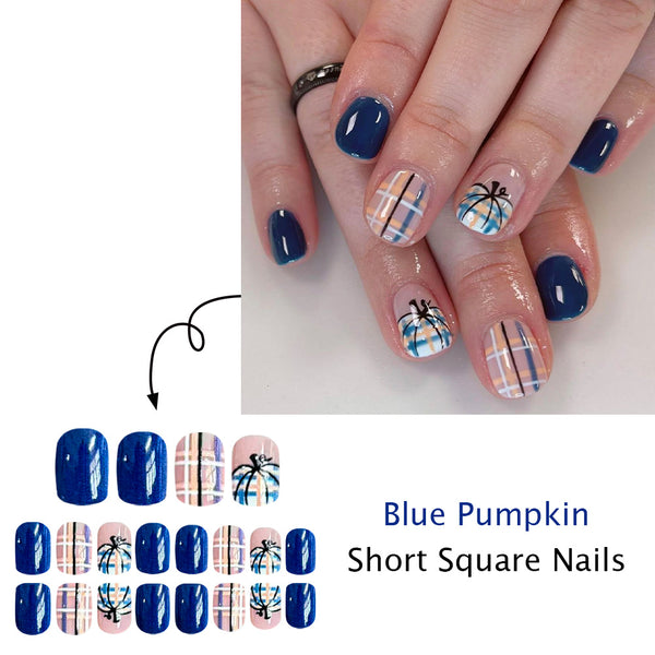 Dark blue plaid pumpkin hand-painted press ons