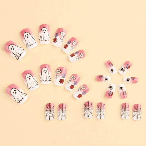 Halloween manicure pink and white ombre ghost flower