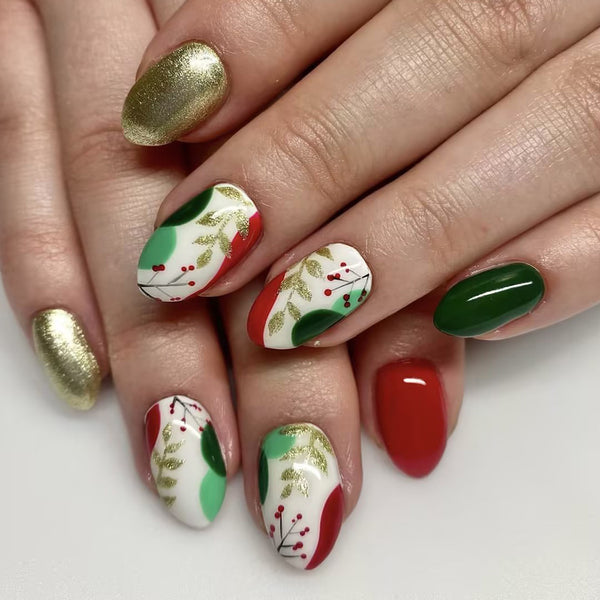 Red and green manicure leaves glitter Christmas armor