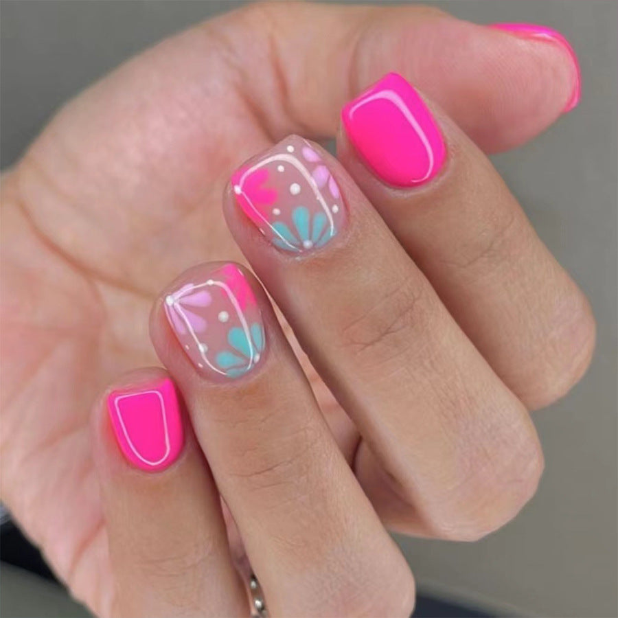 24 light blue pink flower wearable nail patches