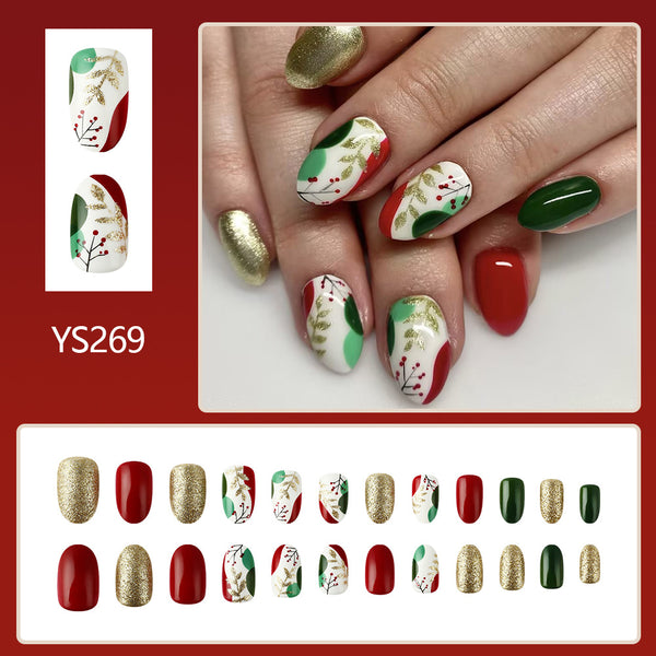 Red and green manicure leaves glitter Christmas armor