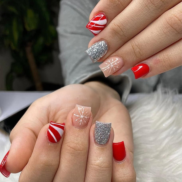 Red and white striped silver glitter white snowflake