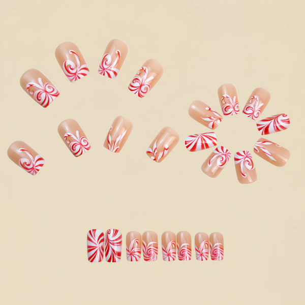 Nude striped red and white color matching fake nails