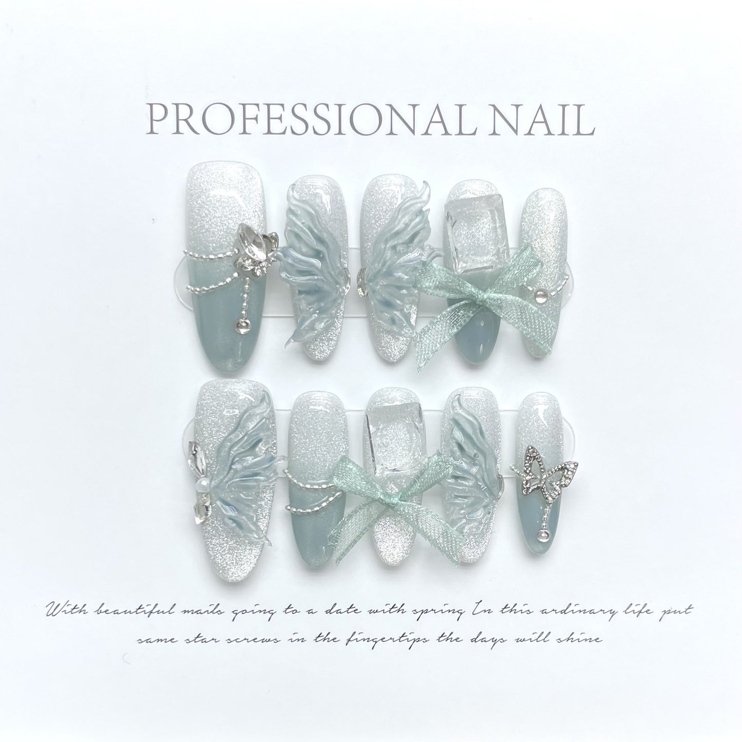 Blue Jade Butterfly Pure Handmade Wearing Fake Nail