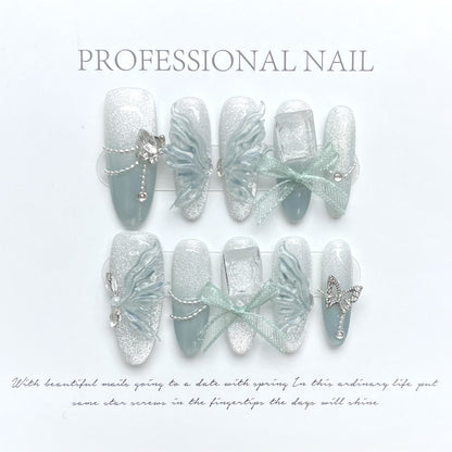 Blue Jade Butterfly Pure Handmade Wearing Fake Nail