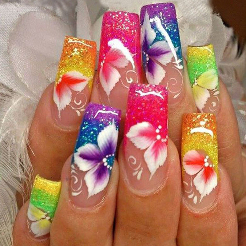 Fake nails nail plate with colorful flowers