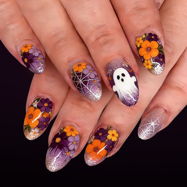 Colored flowers cute ghost spider web