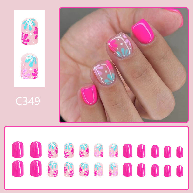 24 light blue pink flower wearable nail patches