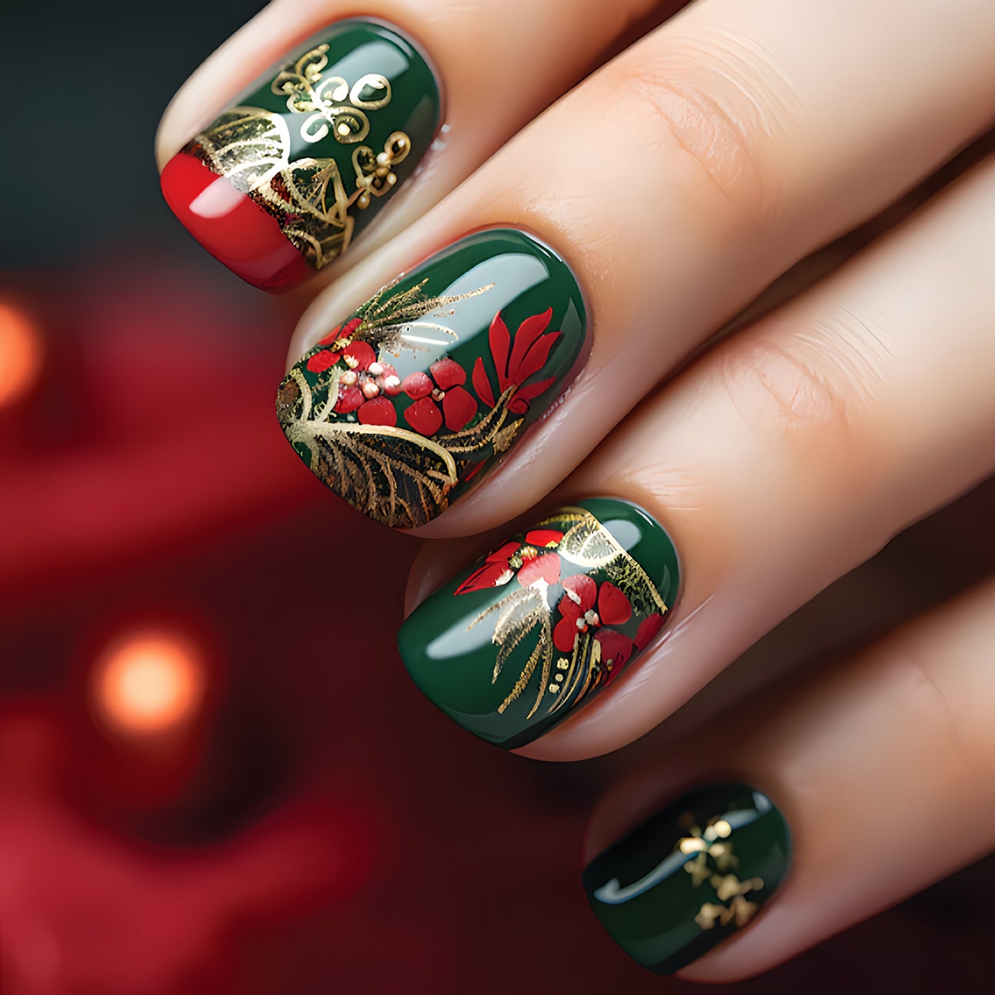 Golden flower branches and leaves nails