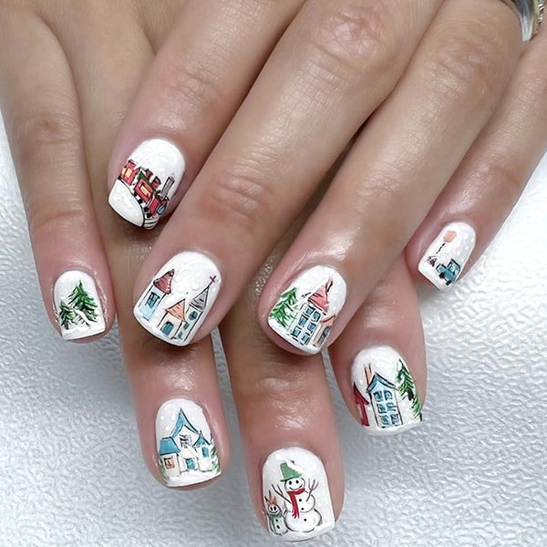 Short Square Nail Snowflake Snowman White Nail Piece