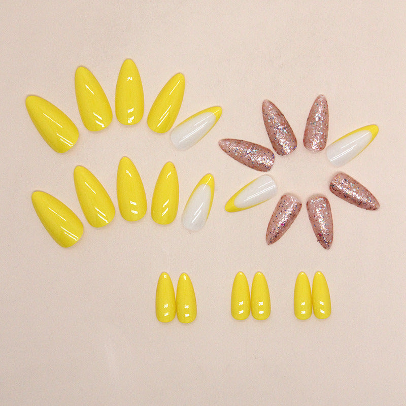 Slender Almond Nail Yellow French False Nail Sparkling Nail Sheet ...