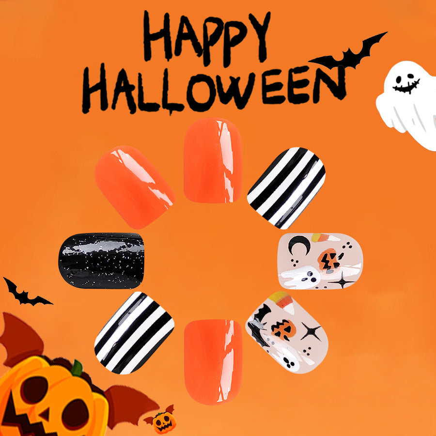 Short square pumpkin bat fake nails