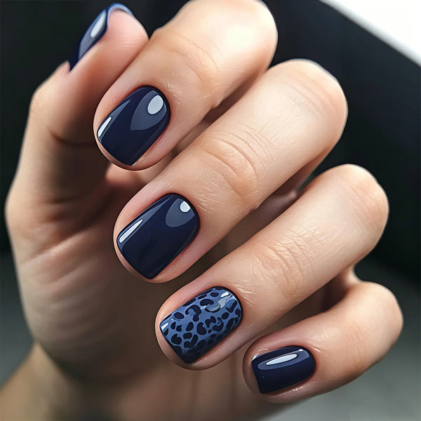 Dark blue leopard print press ons