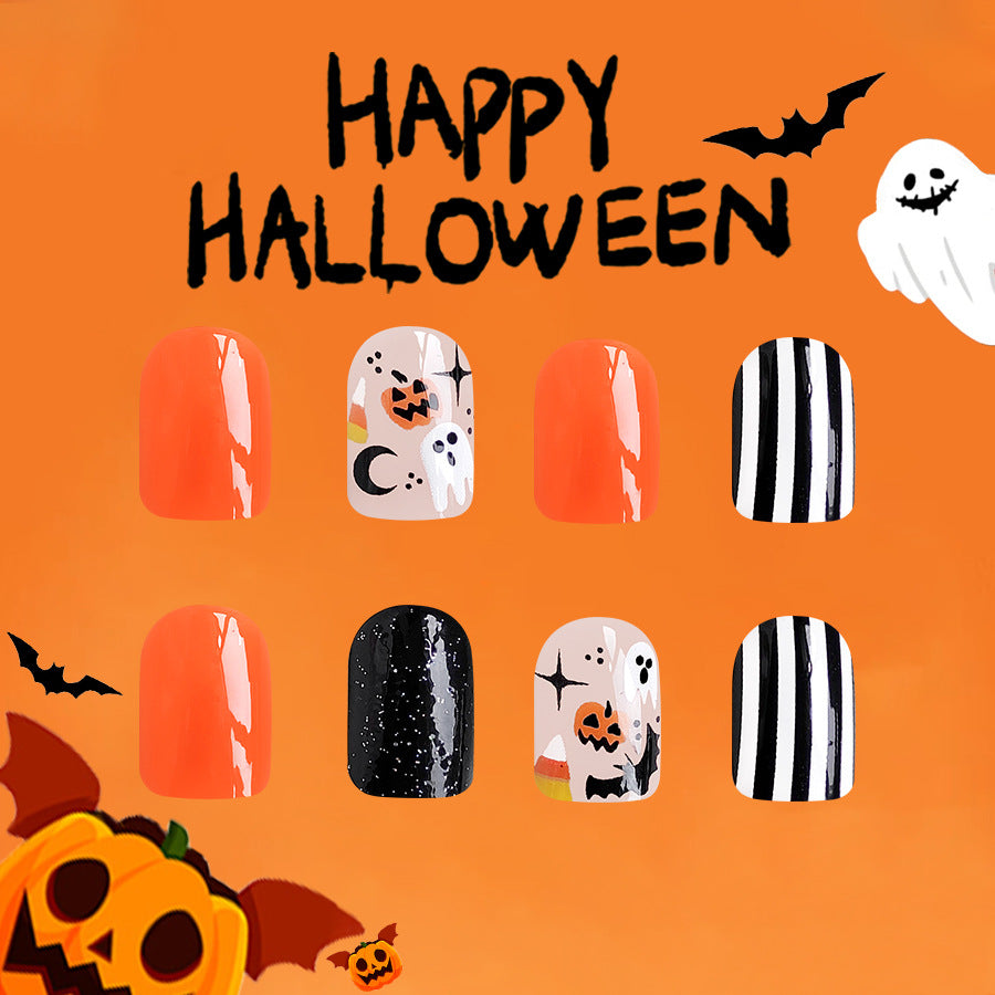 Short square pumpkin bat fake nails