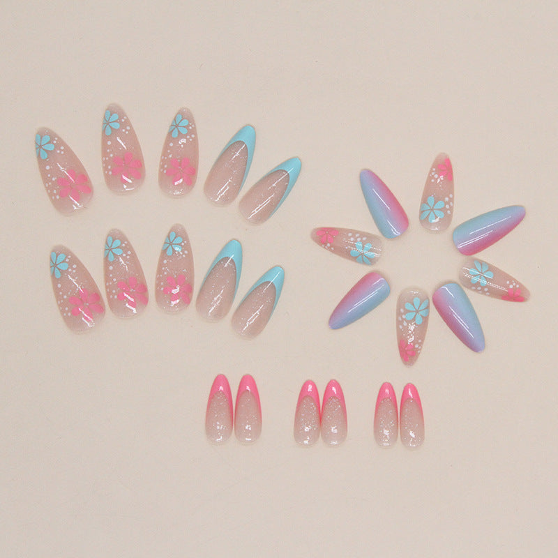 Blue-pink mandarin duck gradient round head fake nails