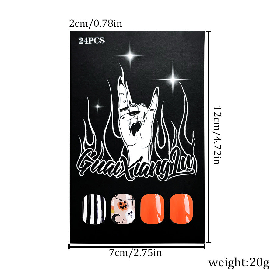 Short square pumpkin bat fake nails