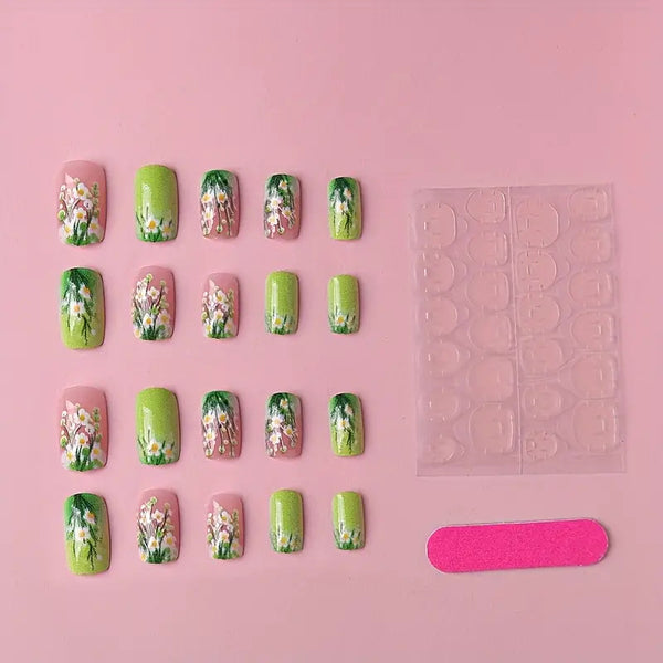 Green flower gradual change fake nail patch