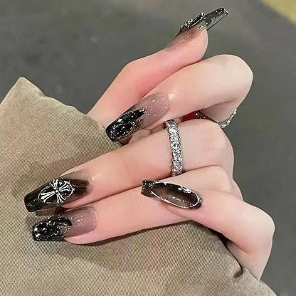 Black Square Press On Nails with 3D Cross Designs