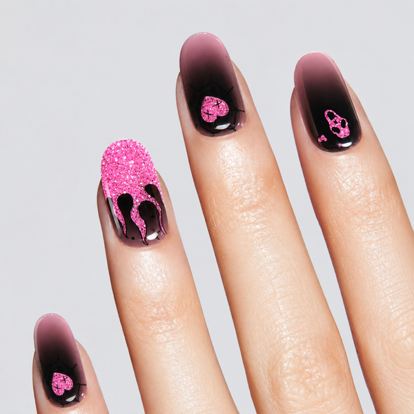 Halloween Black Pink Glitter Drip Skull Heart Gel Nail Stickers